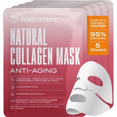 Body Restore Natural Collagen Face Mask 5 Pack  Korean Skin Care Mask with Fermented Coconut Water, Christmas Stocking Stuffers, White Elephant, Birthday Gifts for Women & Men, Dry Skin - Anti-Aging