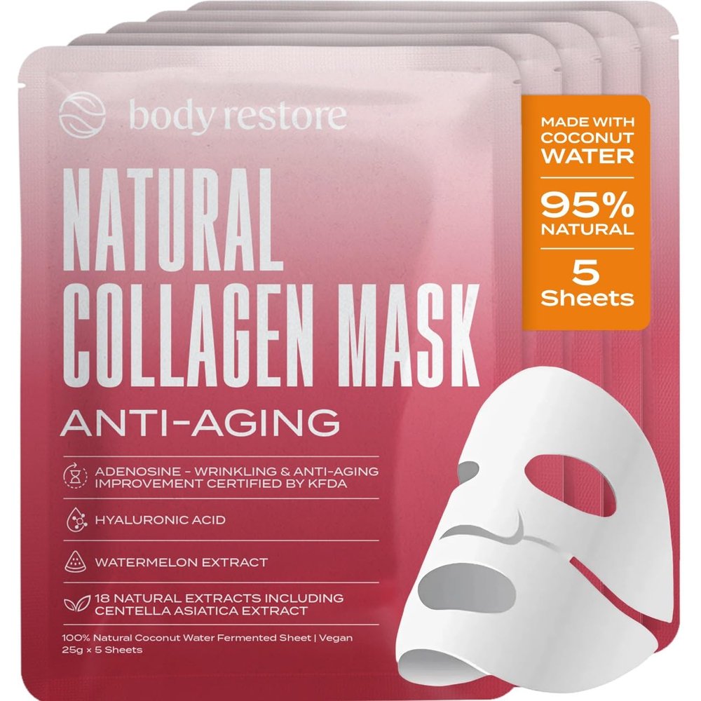 Body Restore Natural Collagen Face Mask 5 Pack  Korean Skin Care Mask with Fermented Coconut Water, Christmas Stocking Stuffers, White Elephant, Birthday Gifts for Women & Men, Dry Skin - Anti-Aging