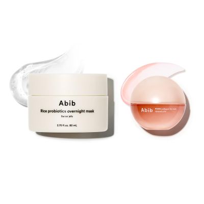 Abib Overnight Jelly Glow Duo: PDRN Collagen Lip Mask Glazed Jelly 0.38 fl oz & Rice Probiotics Overnight Mask Barrier Jelly 2.7 fl oz