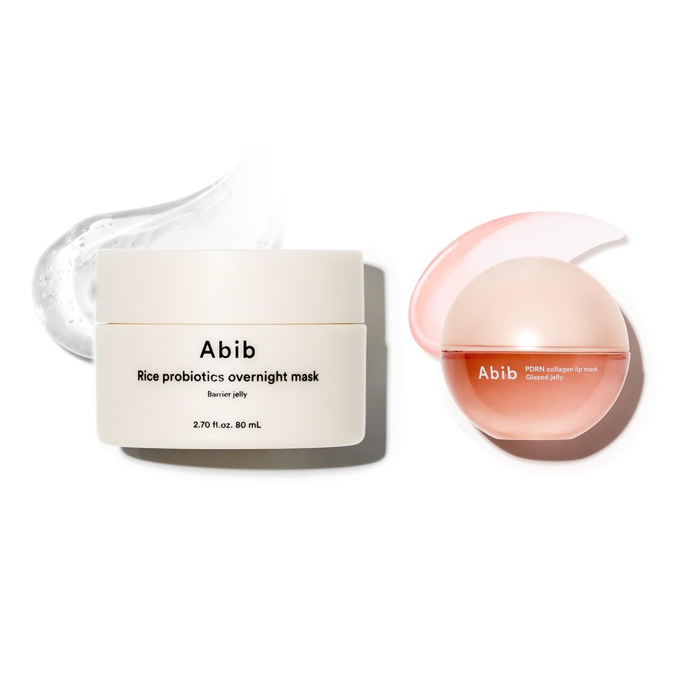 Abib Overnight Jelly Glow Duo: PDRN Collagen Lip Mask Glazed Jelly 0.38 fl oz & Rice Probiotics Overnight Mask Barrier Jelly 2.7 fl oz