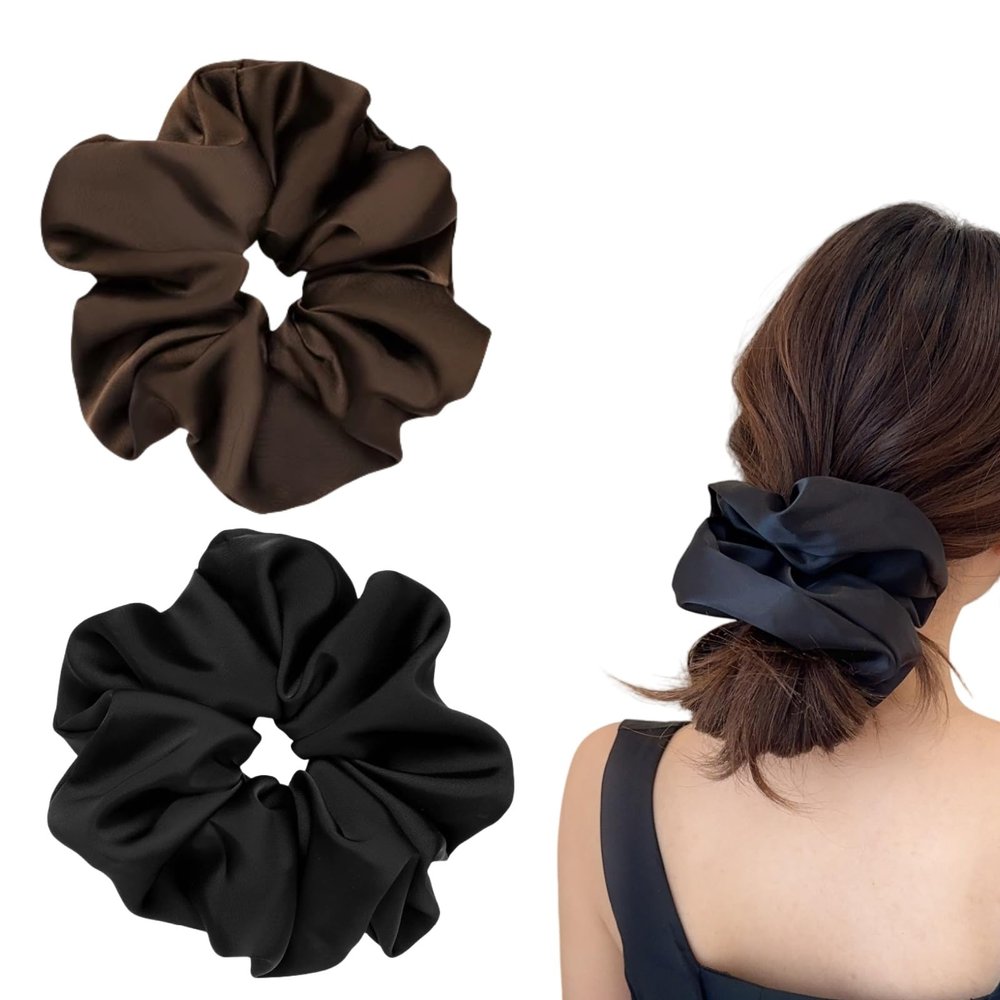 2 Pieces Jumbo Satin Silk Scrunchies for Women 7.5 Inches Large Oversize Scrunchies For Thick Hair Ties Hair Ornament (Black and Brown)