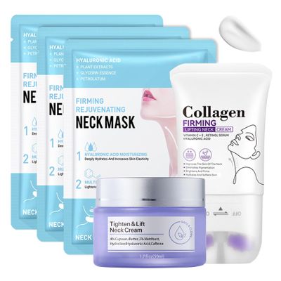 LingHaoLH 2PCS Neck Firming Cream and Neck Mask Set,Non-greasy Tighten Lift Firming Face Cream Skincare Moisturizer, 3 Pieces Deep Moisturizing Masks for Tightening, All Skin Type, 5 Pack