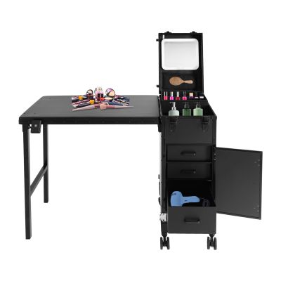 Cbhfmljd Rolling Makeup Case with 3 Drawers, Portable Manicure Table Lockable Makeup Train Case with Foldable Portable Nail Desk Cosmetic Travel Case with LED Light & Key for Hair Barbers/Stylists