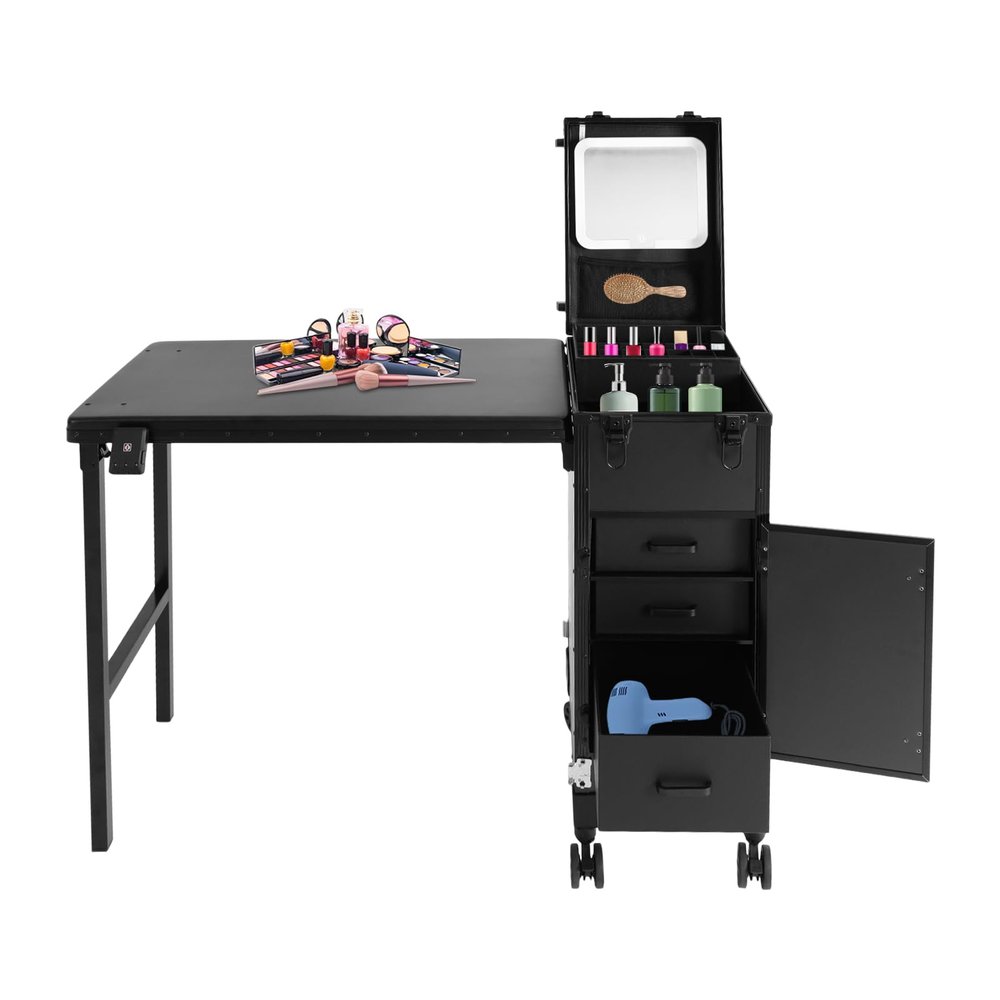 Cbhfmljd Rolling Makeup Case with 3 Drawers, Portable Manicure Table Lockable Makeup Train Case with Foldable Portable Nail Desk Cosmetic Travel Case with LED Light & Key for Hair Barbers/Stylists