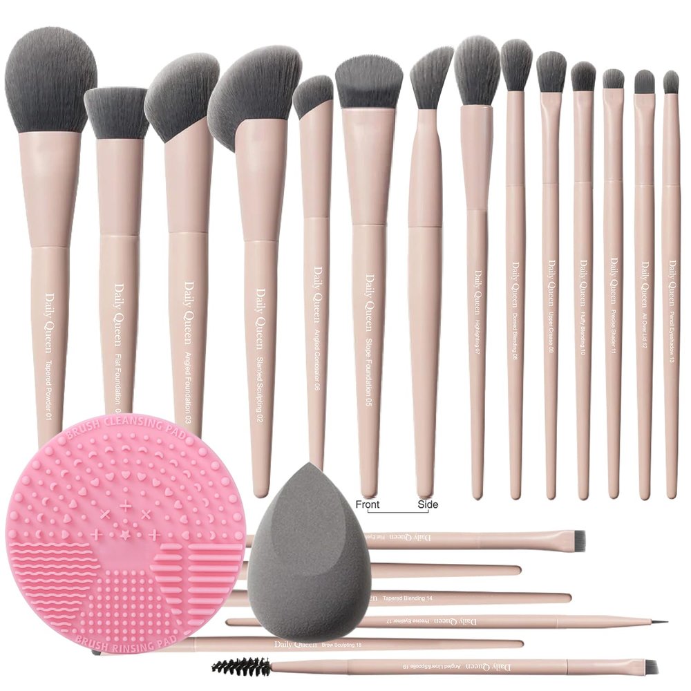 20pcs Pink Essential Makeup Brush Set Professional Powder Concealers Eye shadows Blush Eyeliner Eyebrow Contour Eye blending foundation kit (20pcs brush set with cleaner)