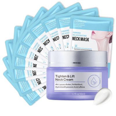 LingHaoLH Neck Firming Cream and Neck Mask Set,Non-greasy Tighten Face Cream Skincare Moisturizer, 10 Pieces Deep Moisturizing Masks for Tightening, All Skin Type, 11 Pack