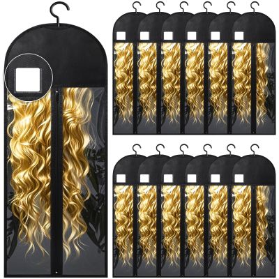 12Pcs Extra Long Wig Storage Bags with Hanger Hair Extension Wig Storage Hanger Bags for Multiple Wigs with Tags Organizer Dust-Proof Home Travel Closet Wigs & Accessories (Black 31.5in)