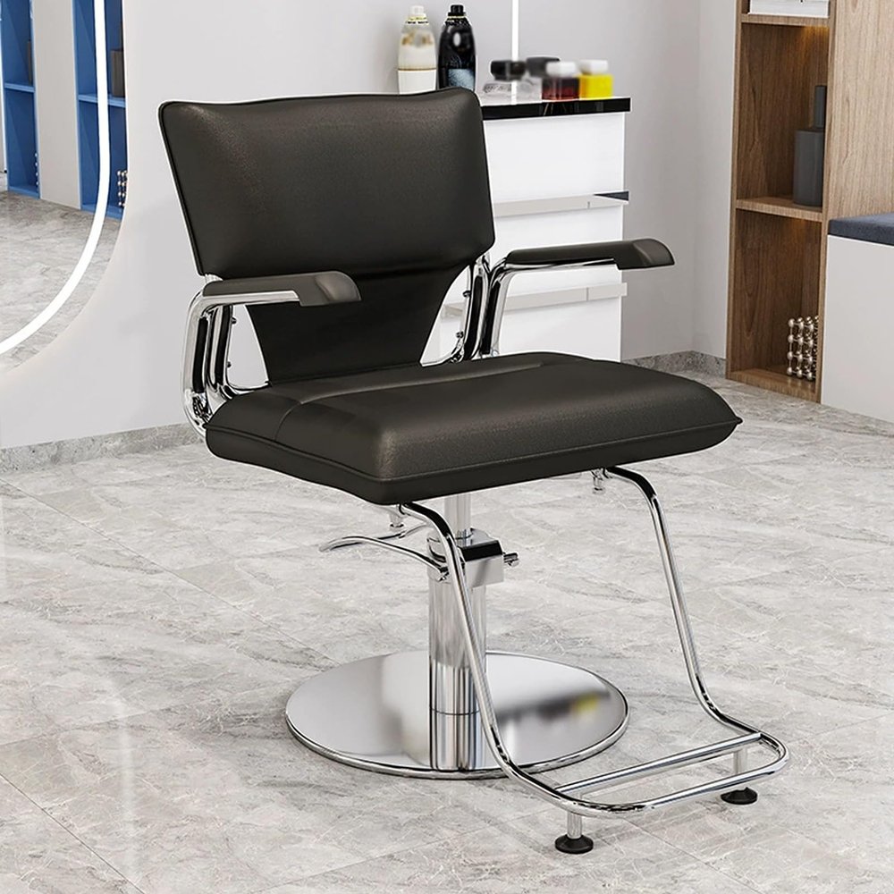 Barber Chairs for Barbershop with Armrests 360 Swivel Hydraulically Liftable Leather Salon Chair with A Silver Stainless Steel Base and Footrest for Barbershop Hair Salon Spa(Black)