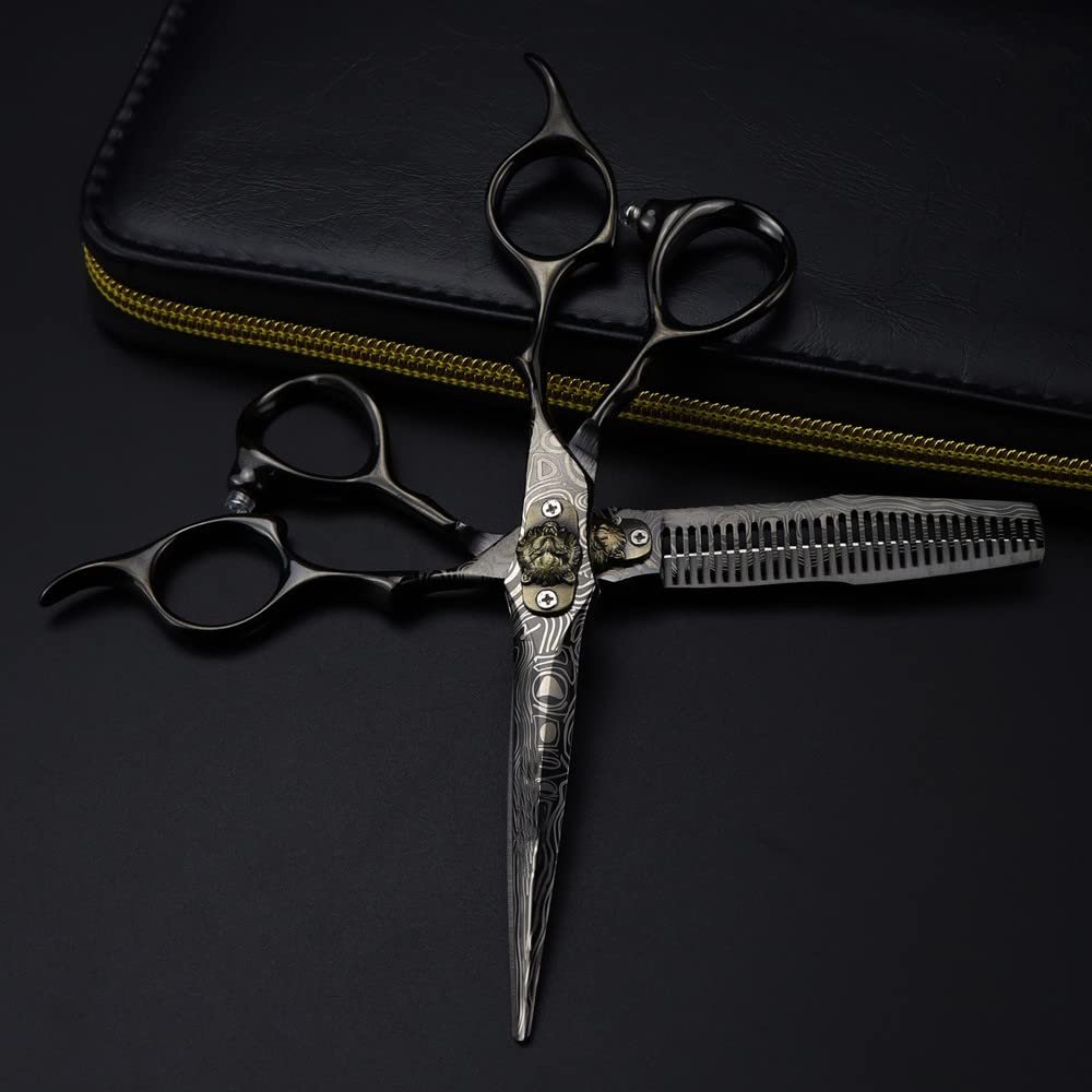 Professional Hair Cutting Shears Professional 6inch Black Damascus Scissor Tiger Hair Cutting Scissors Haircut thinning Barber Cut Shears Hairdressing ScissorsThinning (Set With Bag)