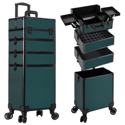 AROUS Rolling Makeup Train Case 4 in 1 Cosmetology Case on Wheels Large Storage Cosmetic Trolley with Key Salon Barber Case Traveling Cart Trunk, Green
