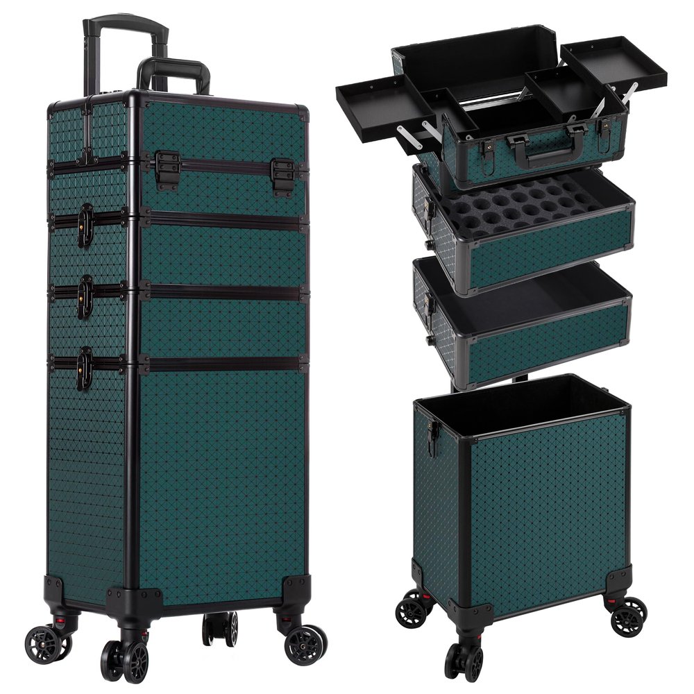 AROUS Rolling Makeup Train Case 4 in 1 Cosmetology Case on Wheels Large Storage Cosmetic Trolley with Key Salon Barber Case Traveling Cart Trunk, Green
