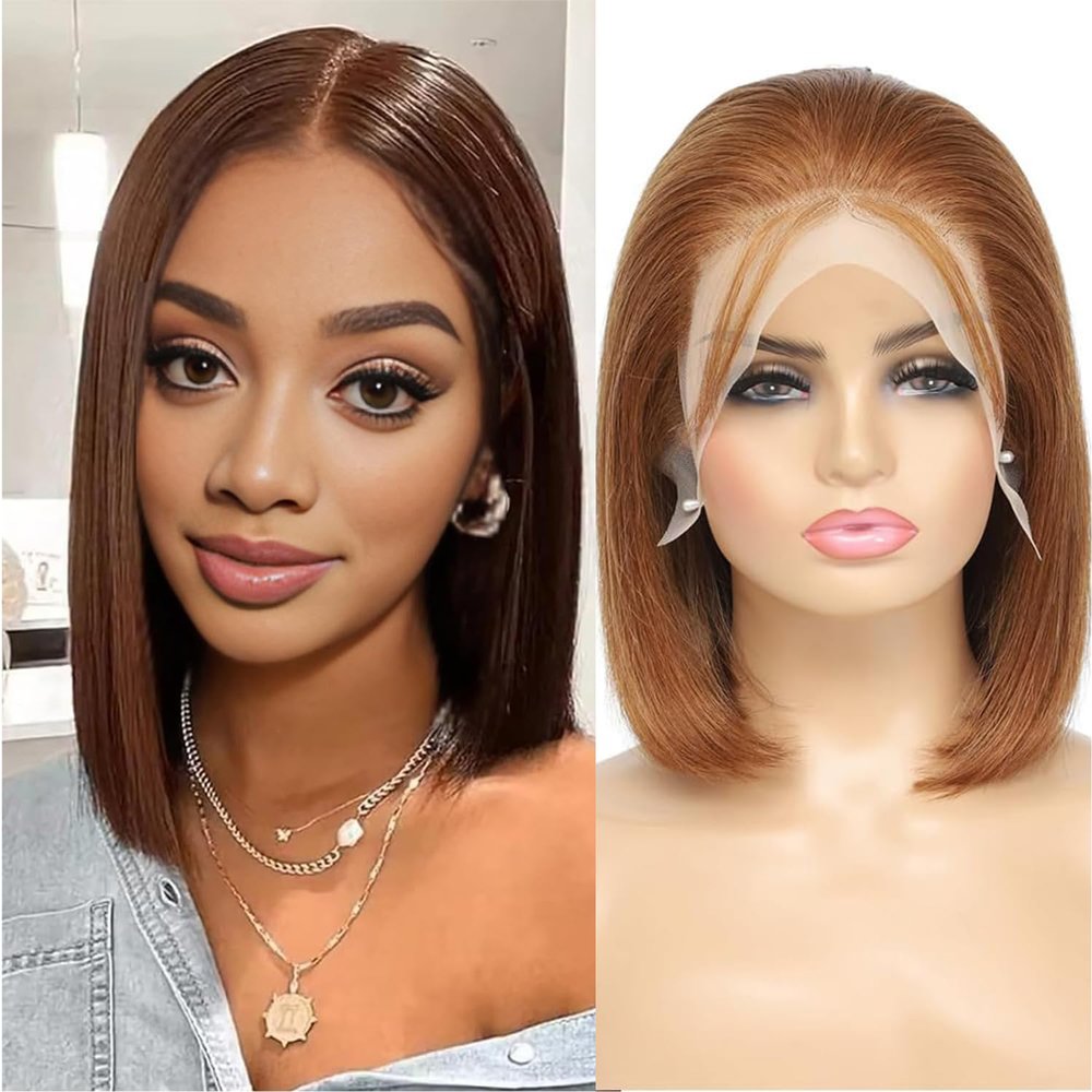 13X4 Chocolate Brown HD Lace Glueless Wigs Human Hair Pre Plucked Pre Cut Bob Wig Human Hair Glueless Wigs Human Hair 180% Density Short Straight Bob Wigs for Black Women 14 Inch