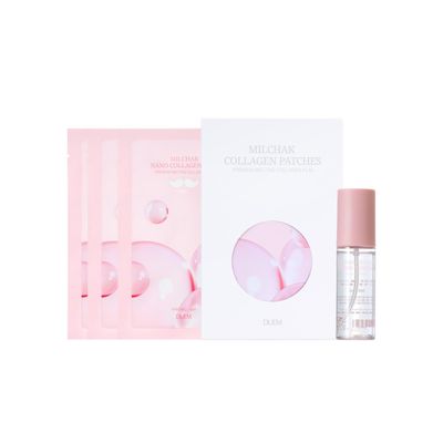 DUEM Milchak Collagen Patches 2-Step 99.9% Nano Collagen Film & Booster Mist Set, Firming & Hydration, Korean Skincare for Face, 5 Sets + 50ml