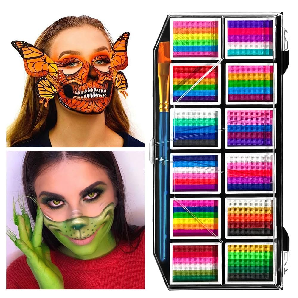 Rainbow Face Paint Kit Split Cake Face Paint Set with Brushes Professional For Adults Water Activated Body Paint Palette Halloween, Carnival & Easter Makeup Washable Face Paint