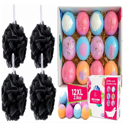 Bath Loofah Sponge Pack of 4 (Black) - 75g + 12pcs Bath Bombs Gift Set - Organic Bath Bombs for Women & Mother's Day Gift