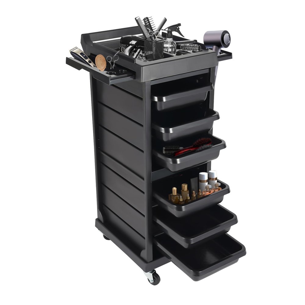 7-Tier Salon Rolling Cart with Locking Drawers - Professional Hair Stylist & Barber Station Organizer with 4 Universal Wheels, Tool Holders & Storage Cabinet for Beauty Salon Supplies (Black)