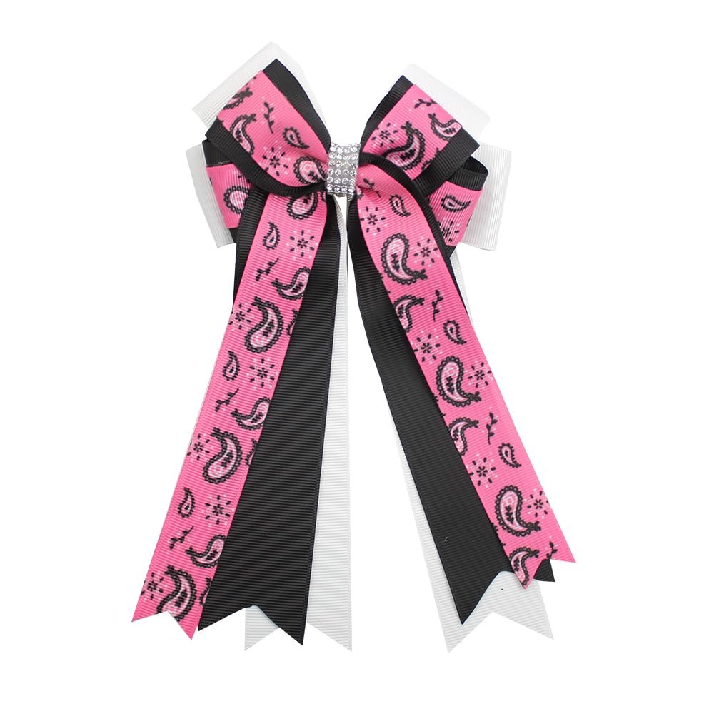 10pcs Cowgirl Hair Bow with Glitter Boot Charm, Pink and Brown Ribbon, Western Style riding hair bows cow long streamer hair clips (06)