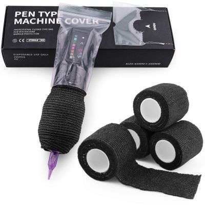 250pcs Sealable Large Tattoo Machine Covers with Grip Tape - 2.56 x 7.87" Tattoo Pen Covers & 4pcs Grip Wrap, Tattoo Setup Kit for Pen Machine - Pro Tattoo Supplies & Accessories (250pcs+4pcs Clear)