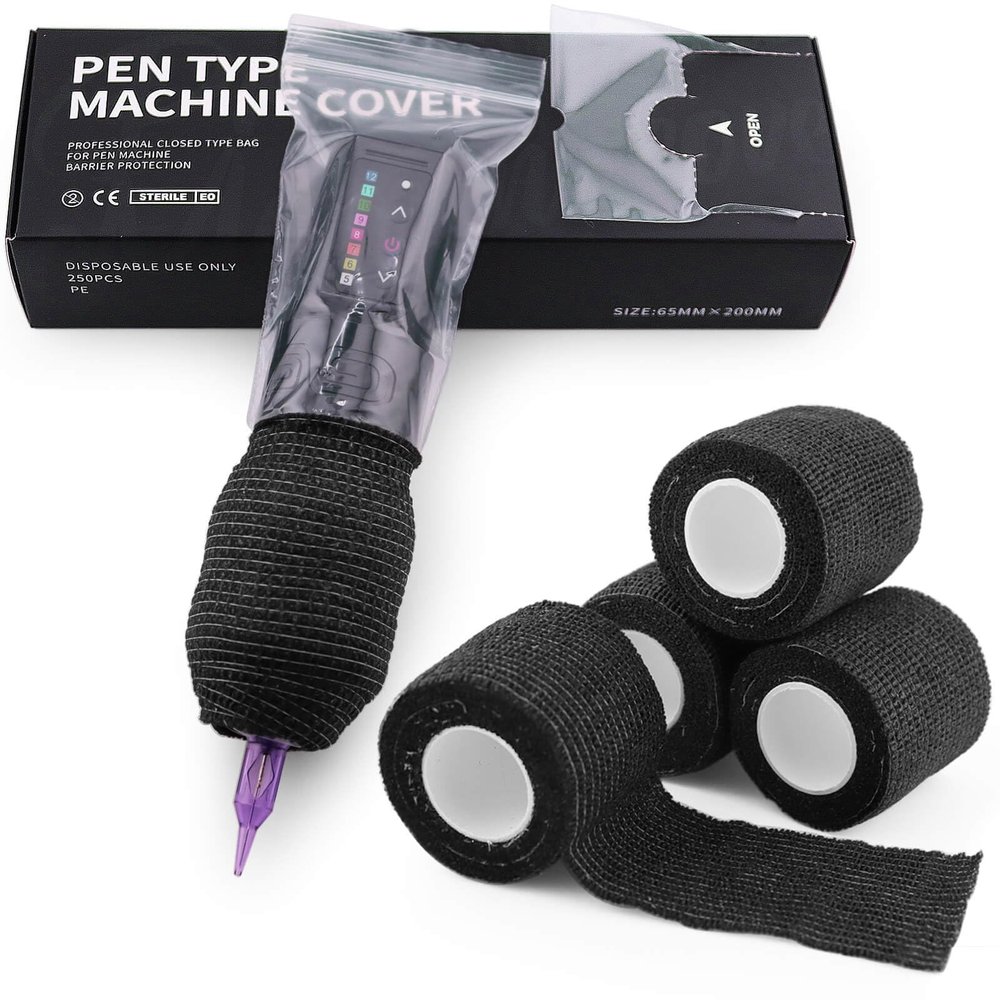250pcs Sealable Large Tattoo Machine Covers with Grip Tape - 2.56 x 7.87" Tattoo Pen Covers & 4pcs Grip Wrap, Tattoo Setup Kit for Pen Machine - Pro Tattoo Supplies & Accessories (250pcs+4pcs Clear)