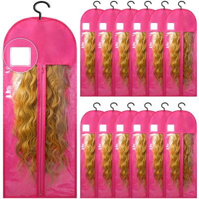 12Pcs Extra Long Wig Storage Bags with Hanger Hair Extension Wig Storage Hanger Bags for Multiple Wigs with Tags Organizer Dust-Proof Home Travel Closet Wigs & Accessories (Pink 31.5in)