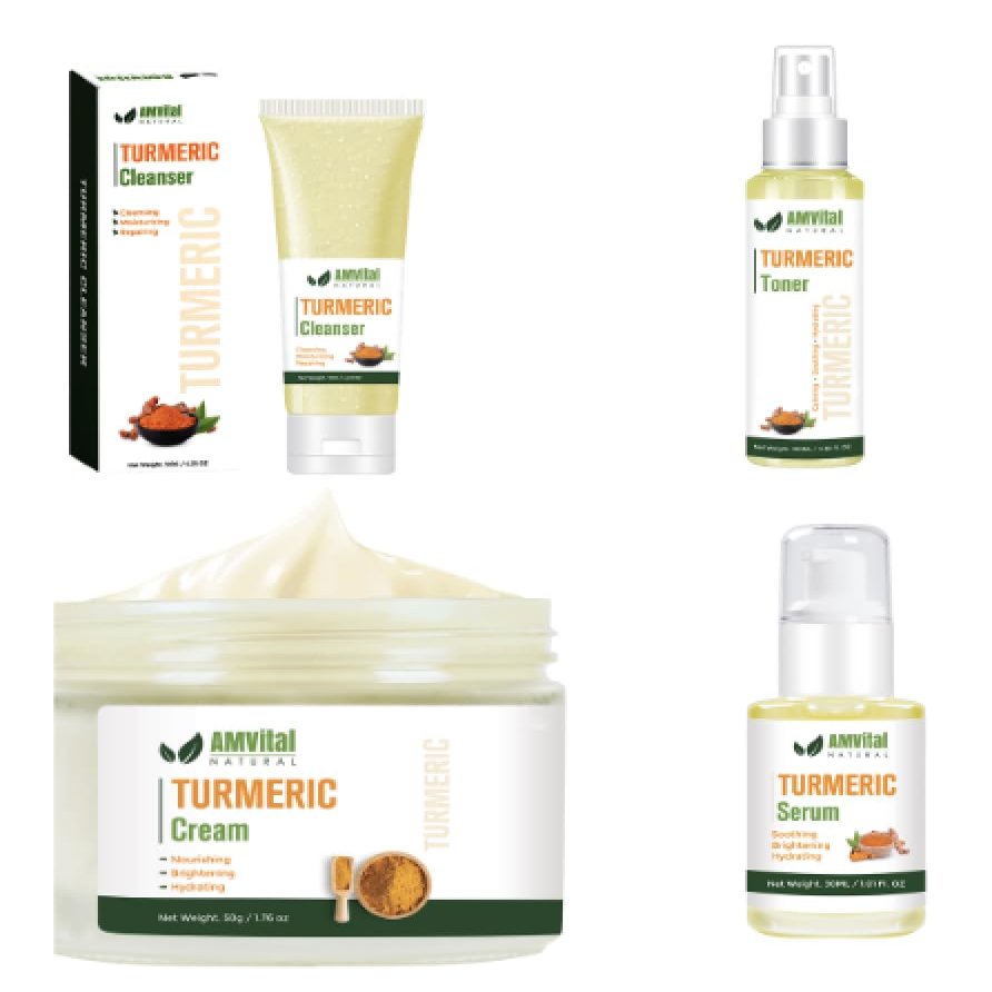 AMVital Turmeric Skincare Bundle  Cleanser, Toner, Cream & Serum for Radiant, Even-Toned Skin