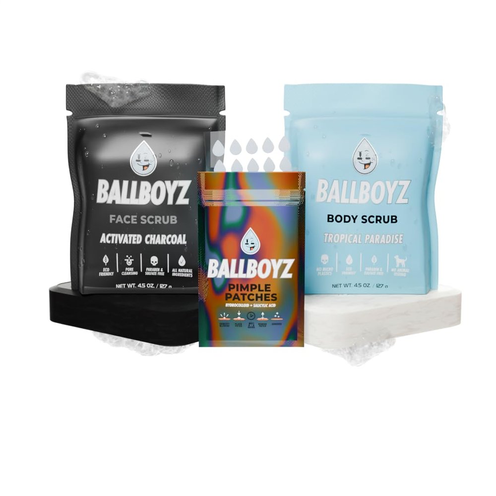 Ballboyz Game Plan Face Care Kit Designed for and by Athletes - Natural and Science Based - Activated Charcoal Face Scrub, Tropical Paradise Body Scrub and Pimple Patches