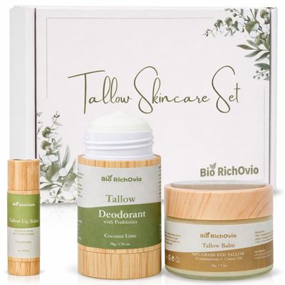 Beef Tallow Balm with Frankincense and Castor Oil Gift Set Featuring Probiotic Tallow Deodorant for Men and Women and Organic Tallow Lip Balm for Deep Moisture and Healthy Skin (3-Piece Set)