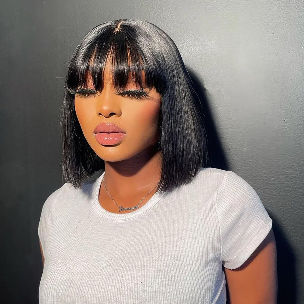 Lusina Bob Wig Human Hair with Bangs Glueless 2x4 HD Lace Colsure Wigs Human, Ready to Go Short Wigs For Women Beginner Friendly (Black, 12 Inch)