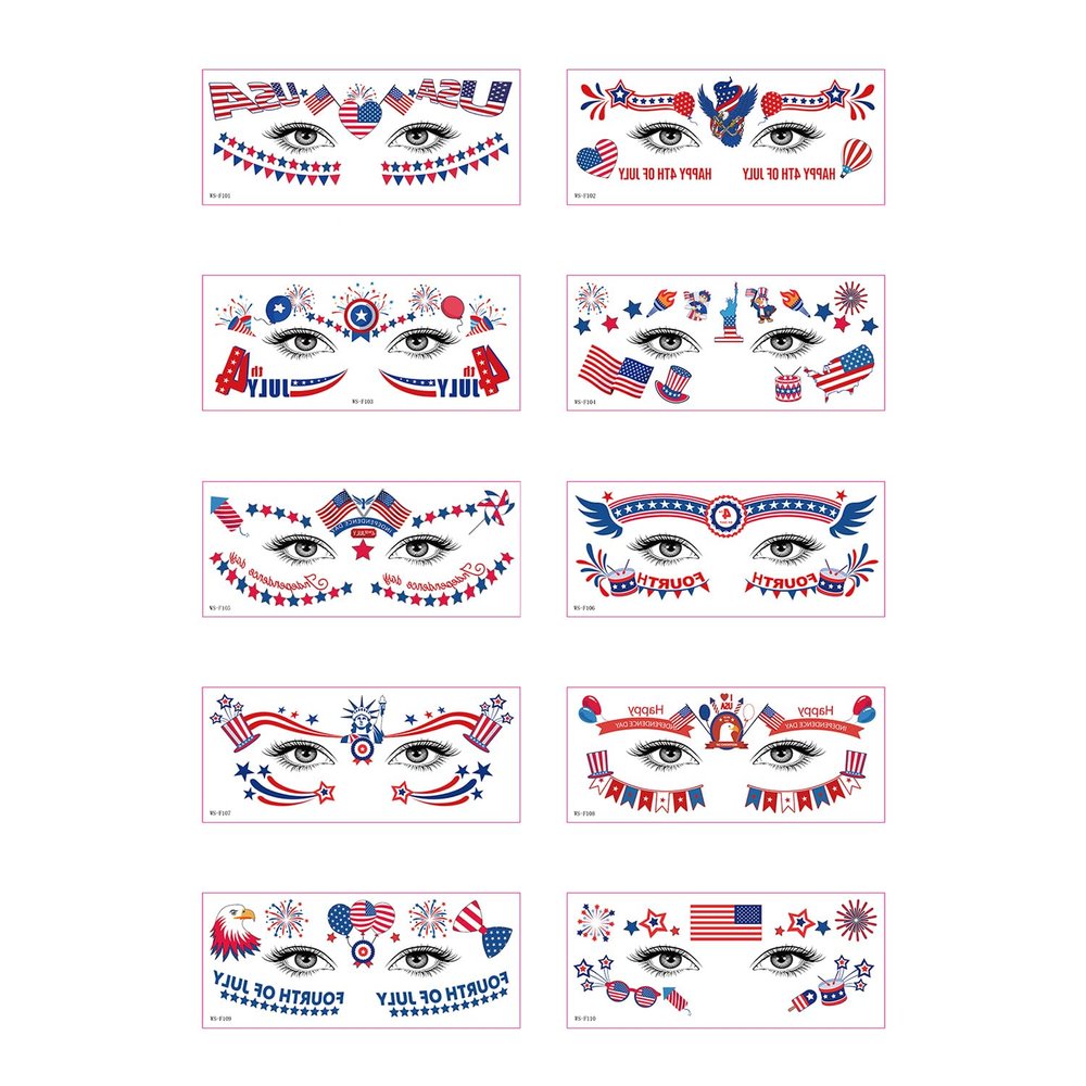 10 Sheets Independence Day Temporary Tattoos Stickers 4th of July Face Stickers Red White Blue USA Flag Star Firework Patriotic Eye Face Temporary Tattoos Supplies for Party Decor Accessories