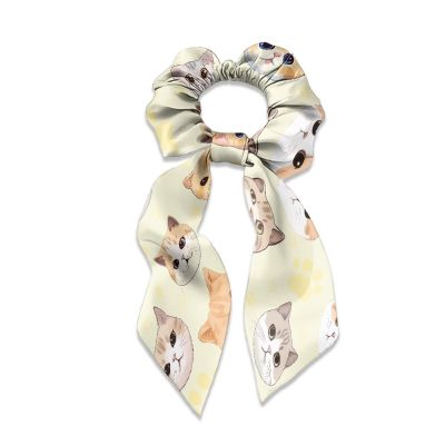 Xernghsao Women's Hair Fashion Accessories Beige Cat Head Print Hair Ties Highly Elastic Ponytail Holders Bow Scrunchies Comfortable Waterproof Wear-resistant, Suitable for Matching Dresses