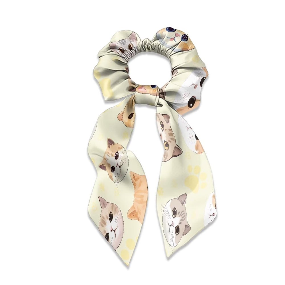 Xernghsao Women's Hair Fashion Accessories Beige Cat Head Print Hair Ties Highly Elastic Ponytail Holders Bow Scrunchies Comfortable Waterproof Wear-resistant, Suitable for Matching Dresses