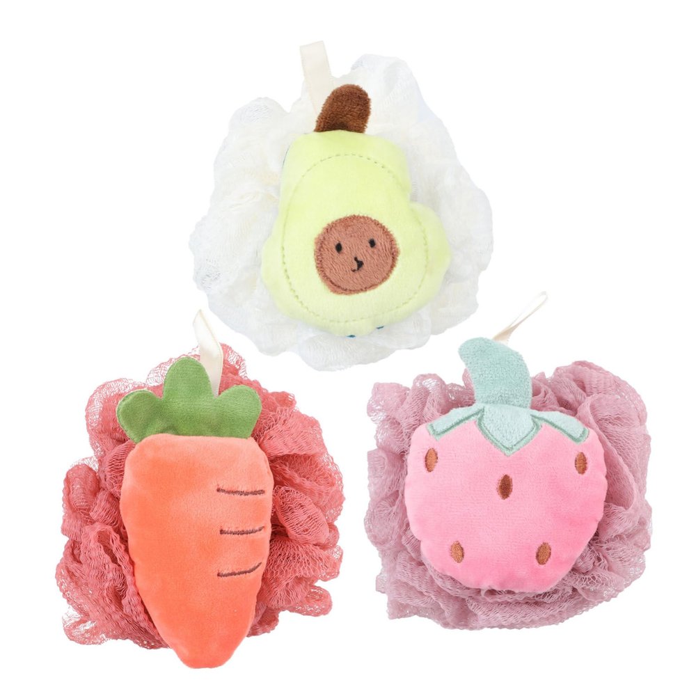 Ipetboom 3pcs Exfoliating Bathing Ball Soft and Shower Sponge for Deep Cleaning Random Fruit Design for Body Scrubbing and Skin Care