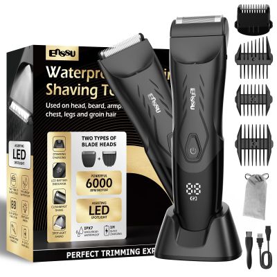 ENSSU 2-in 1 Body Hair Trimmers for Men, Pubic Groin Hair Trimmer for Men with Dual-Head Trimmer & Foil Blade, Electric Ball Trimmer Razors w/Light, Charging Dock, Waterproof Body Groomer Shaver Kit