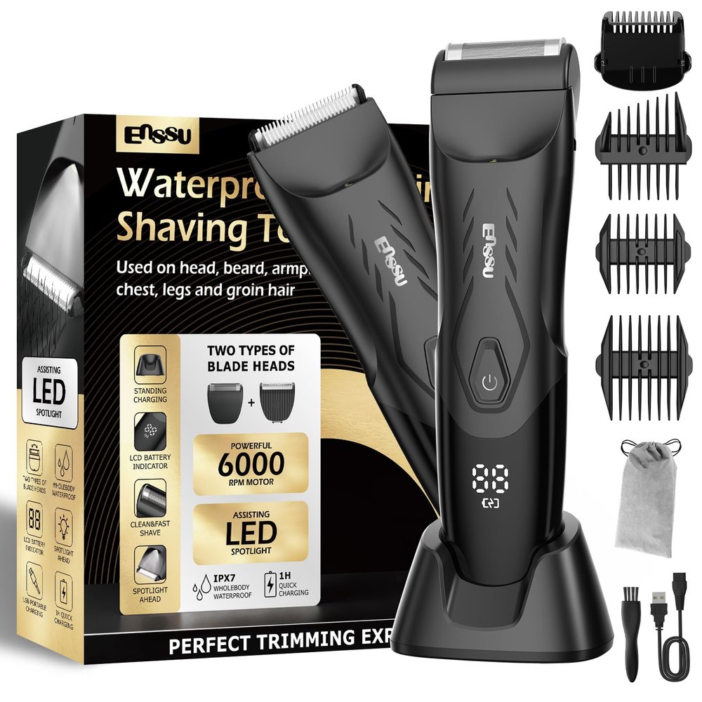 ENSSU 2-in 1 Body Hair Trimmers for Men, Pubic Groin Hair Trimmer for Men with Dual-Head Trimmer & Foil Blade, Electric Ball Trimmer Razors w/Light, Charging Dock, Waterproof Body Groomer Shaver Kit