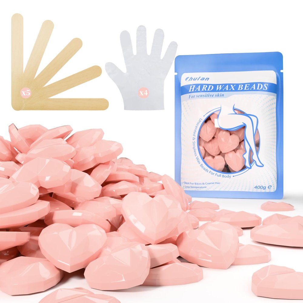 Chulan Hard Wax Beads, 400g Heart Hypoallergenic Wax Beans for Sensitive Skin, Unscented Waxing Bead for Coarse Hair Removal, Brazilian Waxing, Facial, Bikini, Legs, Armpits Women Home Pink