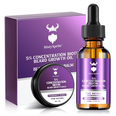 Beard Growth Kit - 5% Concentration Biotin Beard Oil for Men (2 oz) - Natural Mens Beard Oil with Argan Oil, Jojoba Oil and Vitamin, Beard Growth Softener, Moisturizer (Passionate Sunset)