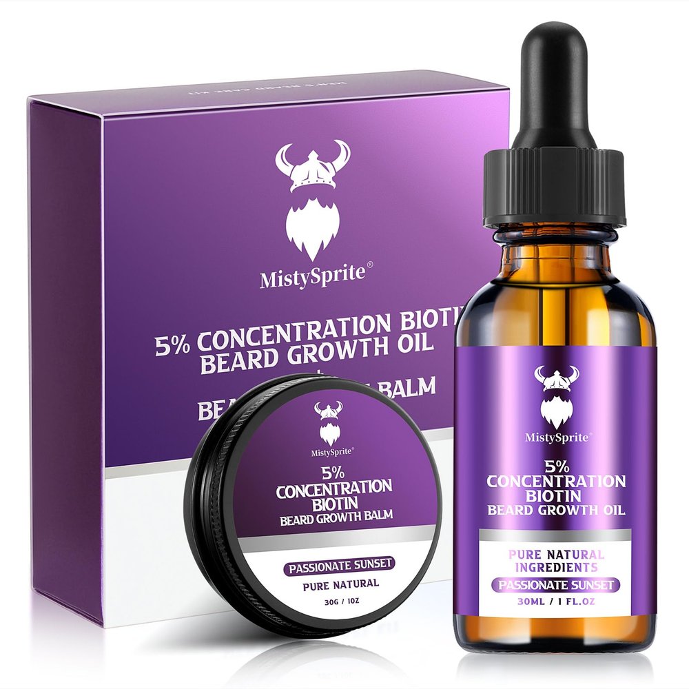 Beard Growth Kit - 5% Concentration Biotin Beard Oil for Men (2 oz) - Natural Mens Beard Oil with Argan Oil, Jojoba Oil and Vitamin, Beard Growth Softener, Moisturizer (Passionate Sunset)