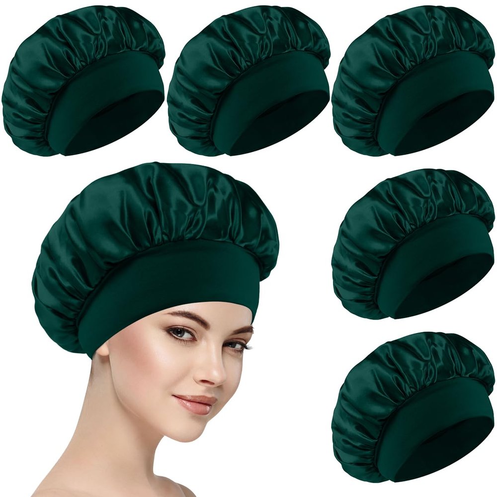 5 PCS Satin Hair Bonnet for Women | Elastic and Reusable Shower Hair Caps | Satin Bonnet for Sleeping Women, Shower Caps | Double Layers Hair Cap | Environmental Protection | 11.8 Inches, Dark Green