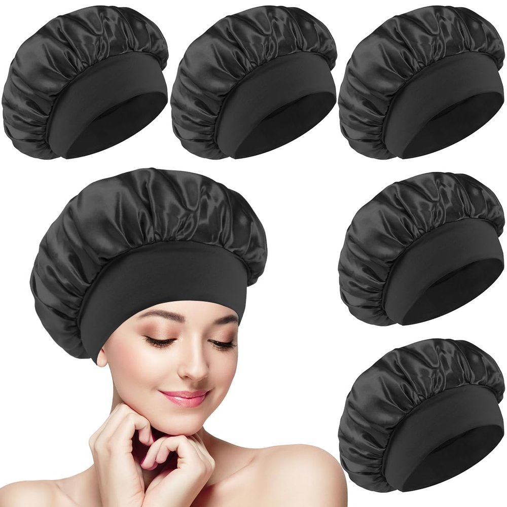 5 PCS Satin Hair Bonnet for Women | Elastic and Reusable Shower Hair Caps | Satin Bonnet for Sleeping Women, Shower Caps | Double Layers Hair Cap | Environmental Protection | 11.8 Inches, Black