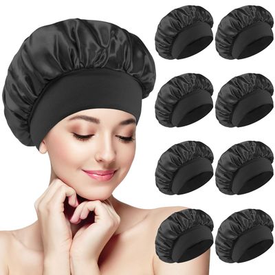 8 PCS Satin Hair Bonnet for Women | Elastic and Reusable Shower Hair Caps | Satin Bonnet for Sleeping Women, Shower Caps | Double Layers Hair Cap | Environmental Protection | 11.8 Inches, Black