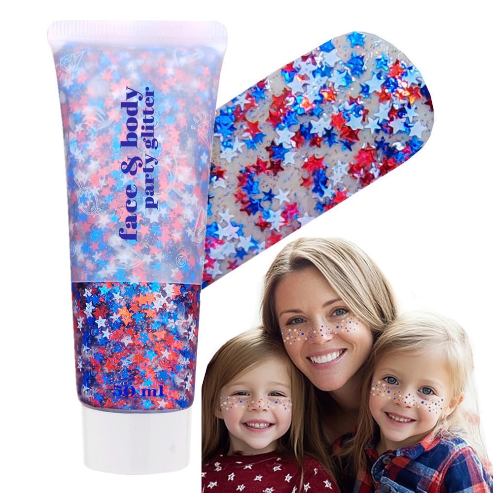 Go Ho 4th of July Outfits for Women&Kids Glitters Makeup,Red White and Blue Face Body Glitter,Fourth of July Accessories,Holographic Patriotic Chunky Glitter Freckles Star for Independence Day
