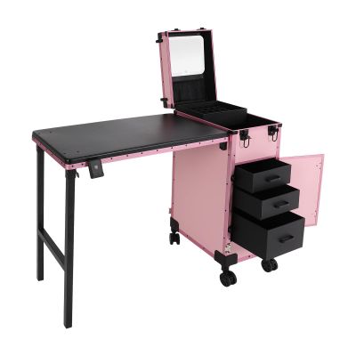 28inch Rolling Manicure Table Portable Nail Desk Mobile Nail Station Foldable Nail Desk with 3 Drawers, Detachable LED Mirror Cosmetic Trolley Organizer for Workstation Mobile, Nail Tech - Pink