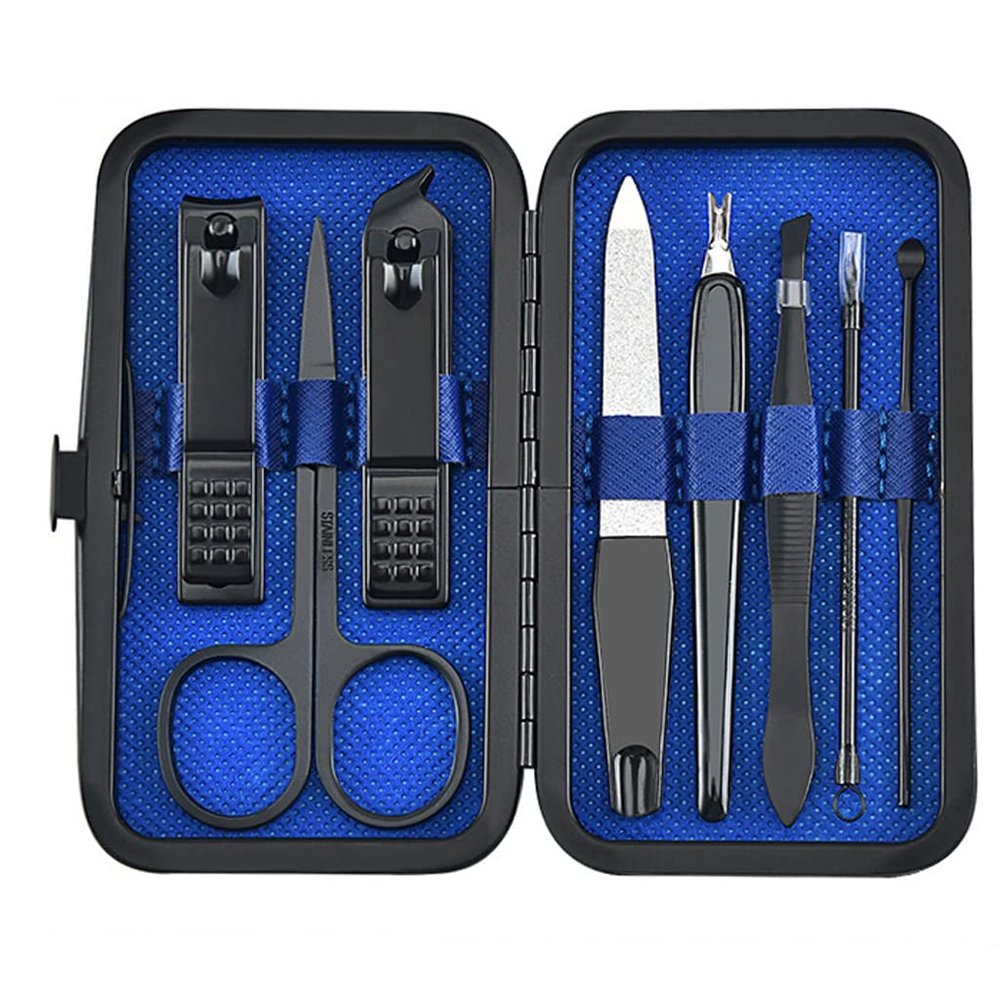 Yuidaaavzz 8pcs Stainless Steel Nail Clippers Set Scissores Tweezer Ear Pick Multi-Function Daily Hand Foot Care Tools Set (Blue 8pcs)
