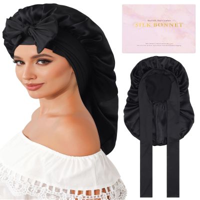 AWAYTR Silk Bonnet for Long Hair - 100% Mulberry Silk Bonnet for Sleeping Women or Kids with Adjustable Elastic Band (Black)