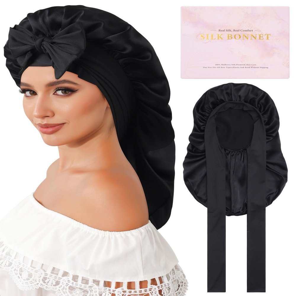 AWAYTR Silk Bonnet for Long Hair - 100% Mulberry Silk Bonnet for Sleeping Women or Kids with Adjustable Elastic Band (Black)
