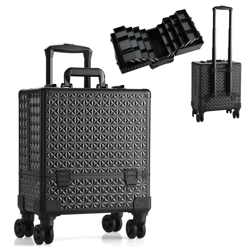 Leeora&Leekoo High-Capacity Multilayer Portable Nail Case for Nail Tech Organizer with Wheels - Lockable Makeup Case Organizer, Cosmetic Case, Makeup Train Case (Black-8045)