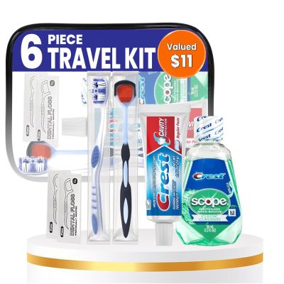 Stuhrling Bottle Trektote Travel Toothbrush and Toothpaste Set - 6 Piece Dental Care Kit, TSA Compliant, Includes Toothpaste, Toothbrush, Mouthwash, Tongue Cleaner, Flosses and Premium Toiletry Bag