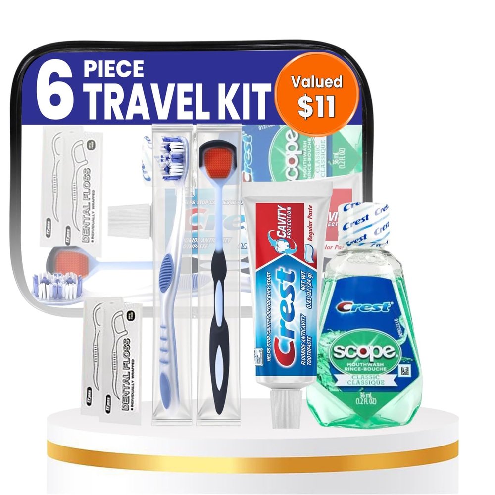 Stuhrling Bottle Trektote Travel Toothbrush and Toothpaste Set - 6 Piece Dental Care Kit, TSA Compliant, Includes Toothpaste, Toothbrush, Mouthwash, Tongue Cleaner, Flosses and Premium Toiletry Bag