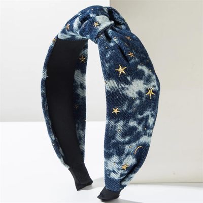 Tie Dyed Denim Fabric Hairband With Gold Star Moon Personality And External Headband