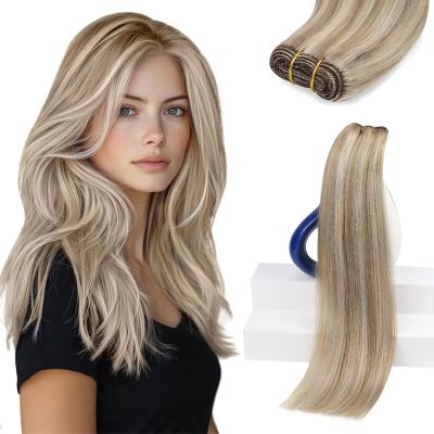 Sunny Hair Sew in Hair Extensions Real Human Hair Blonde Highlights Weft Human Hair Extensions Light Brown Mix Platinum Blonde Sew in Bundles Human Hair Can Be Dyed Silky Soft 16inch 100g